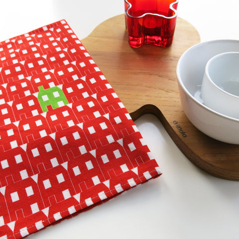 Red Paper House Print Tea Towel