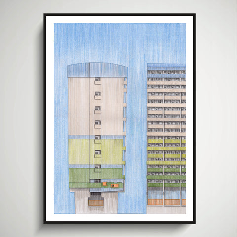 A2 Limited Edition of Hand Drawing - Fred Wigg & John Walsh Towers, Leytonstone - (20 only - 6 left)